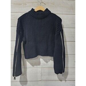 ZARA KNIT Black Ribbed Mock Neck Cropped Sweater Zip Sleeve Detail Size Small